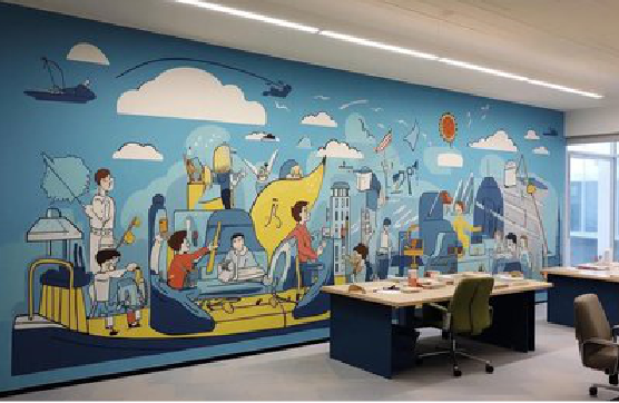  大英办公室墙绘的特点。